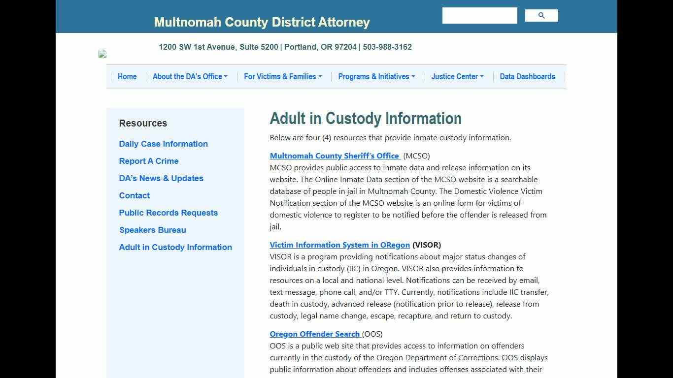 Adult in Custody Information | Multnomah County District Attorney